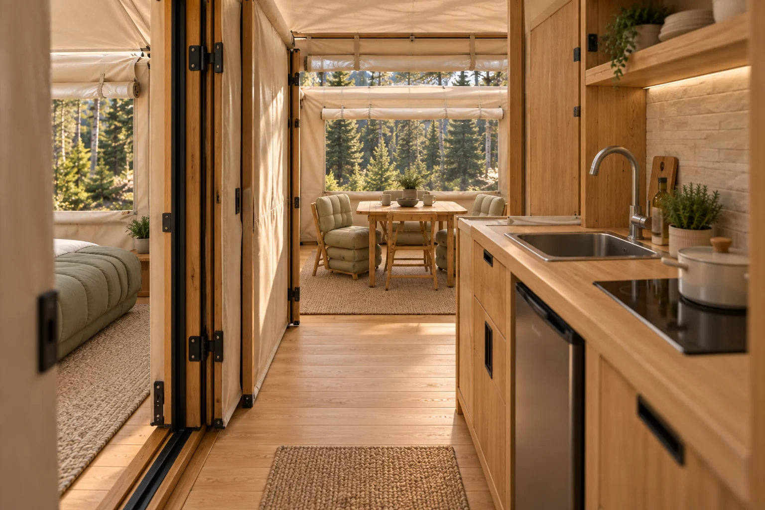 A compact kitchen, with the woods beyond; Insta Tiny Cabin concept illustration