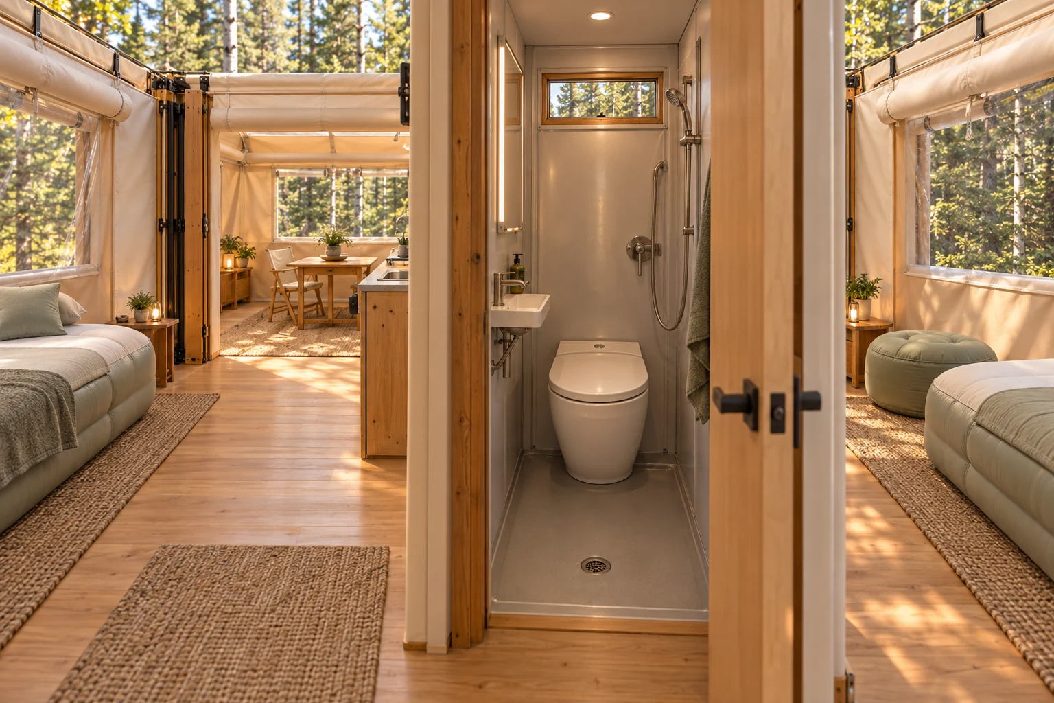 A small washroom, thoughtfully finished; Insta Tiny Cabin concept illustration