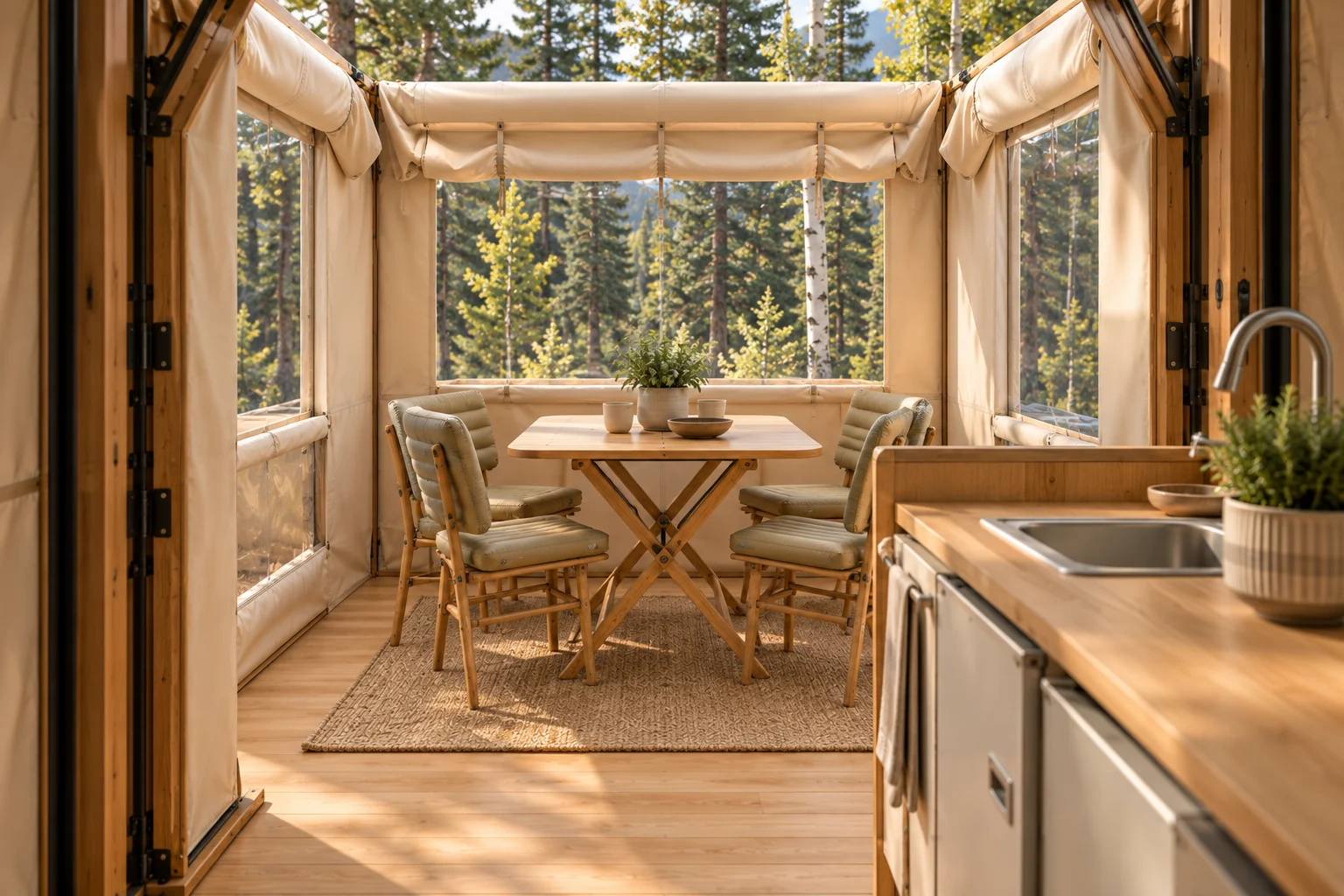 North / dining into the trees; Insta Tiny Cabin concept illustration