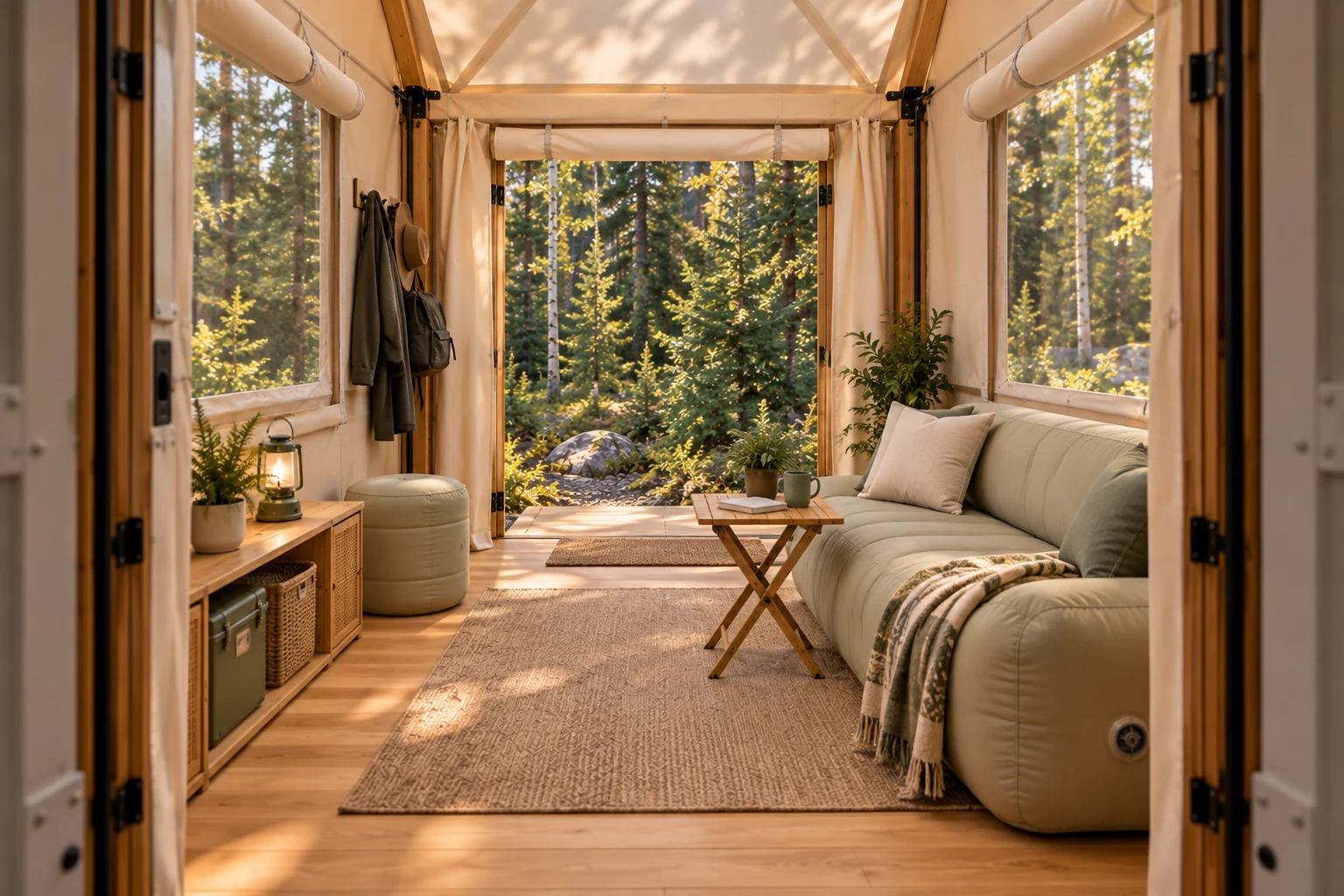 South / a lounge open to the woodland; Insta Tiny Cabin concept illustration