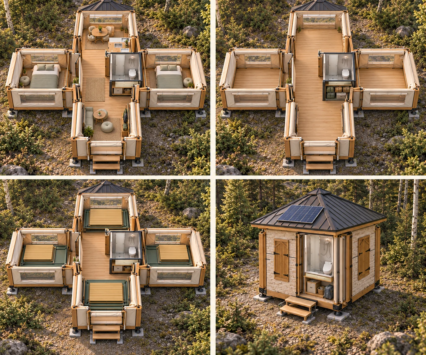From open rooms to a closed cottage; Insta Tiny Cabin concept illustration