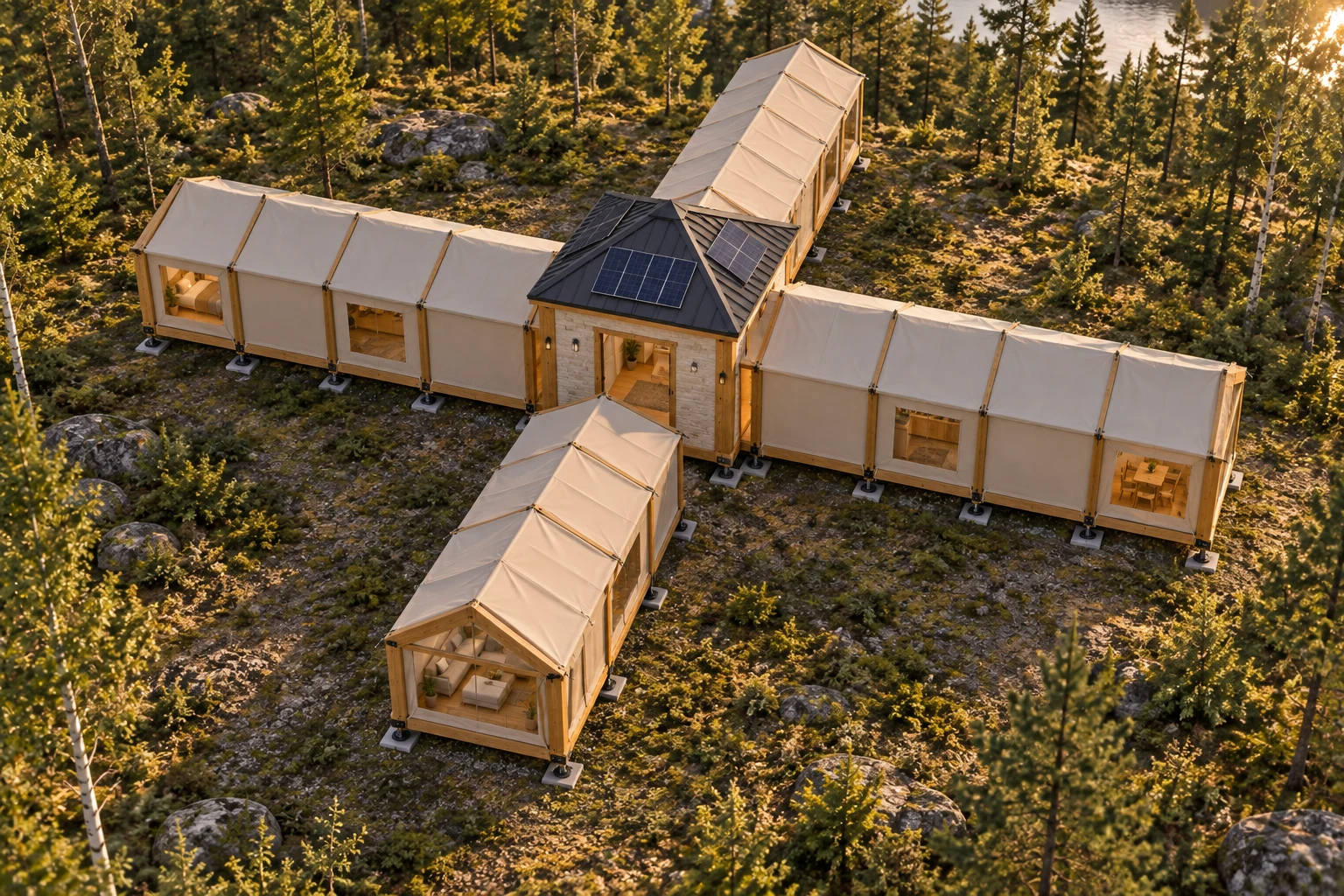 Elevated family concept rendering with all four long wings visible around the cottage core
