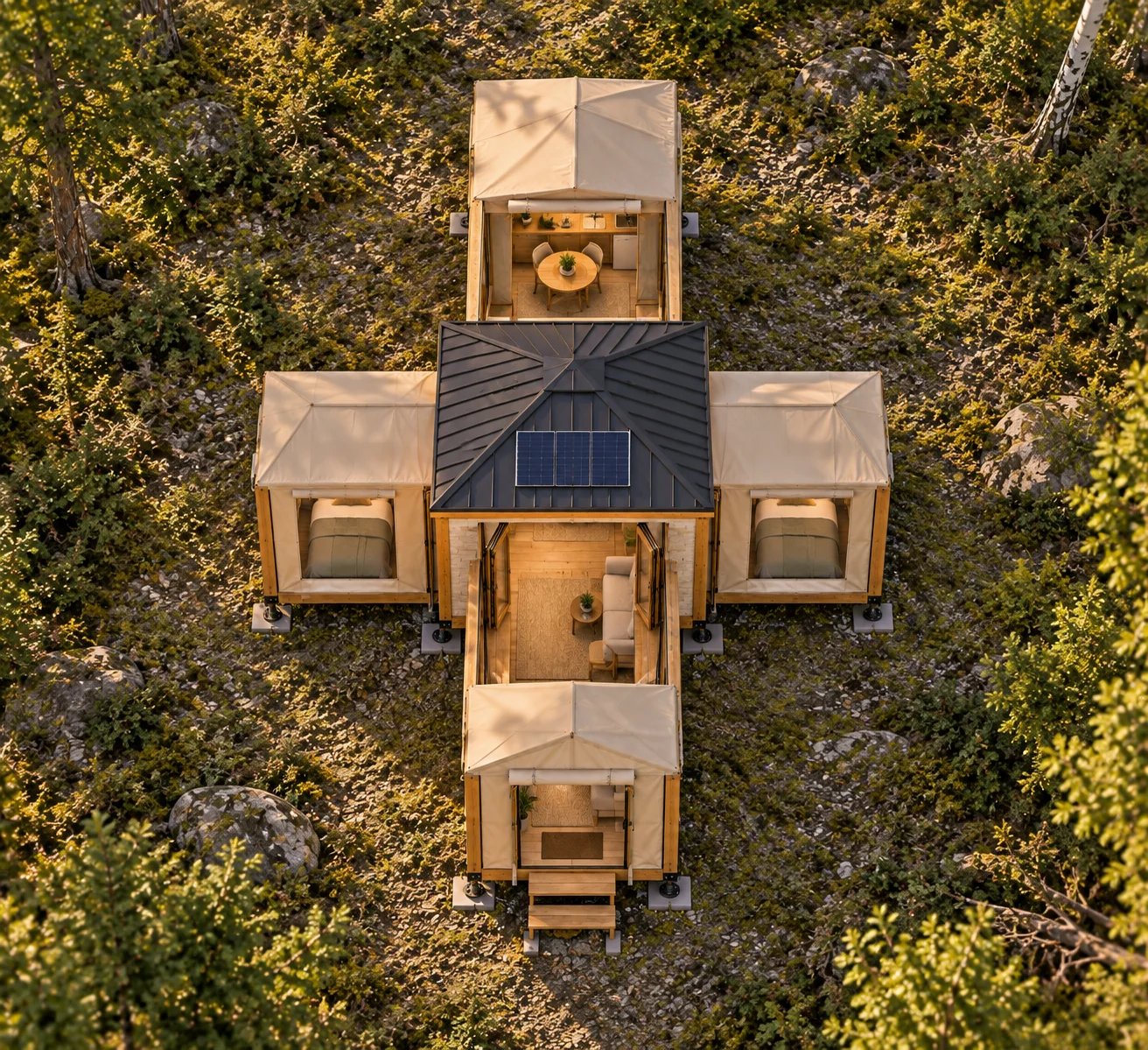 Elevated concept view showing all four open wings around the central cottage core